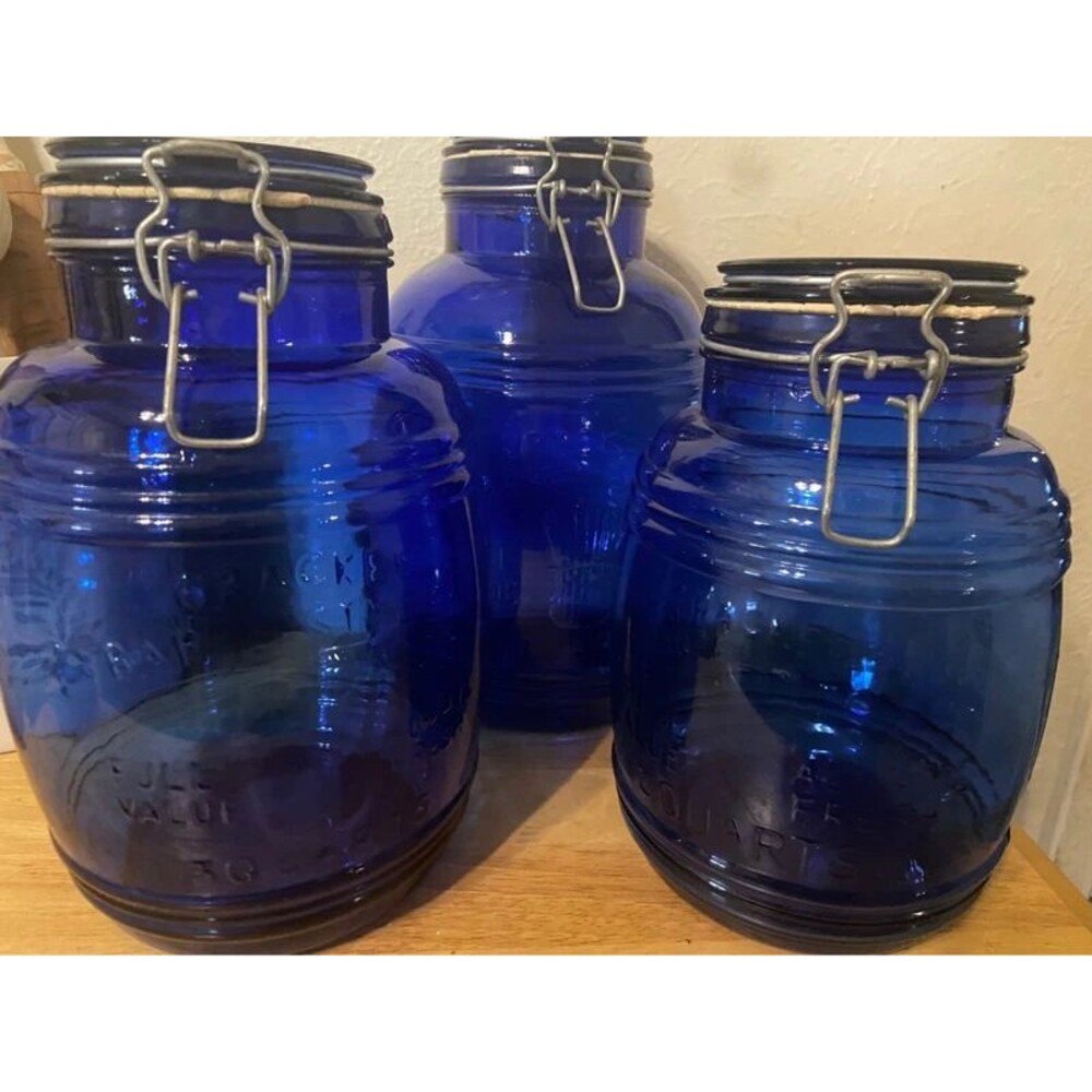 Vintage Cobalt Blue Glass Cracker Barrel Canister Set of 3 - Retro Farmhouse Kit